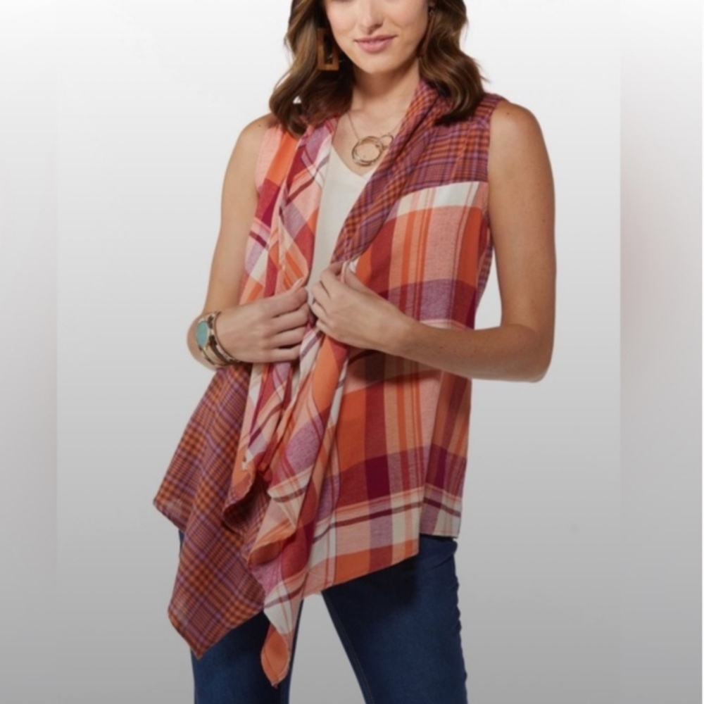 CATO Plaid Sleeveless Open Front Waterfall Vest XL